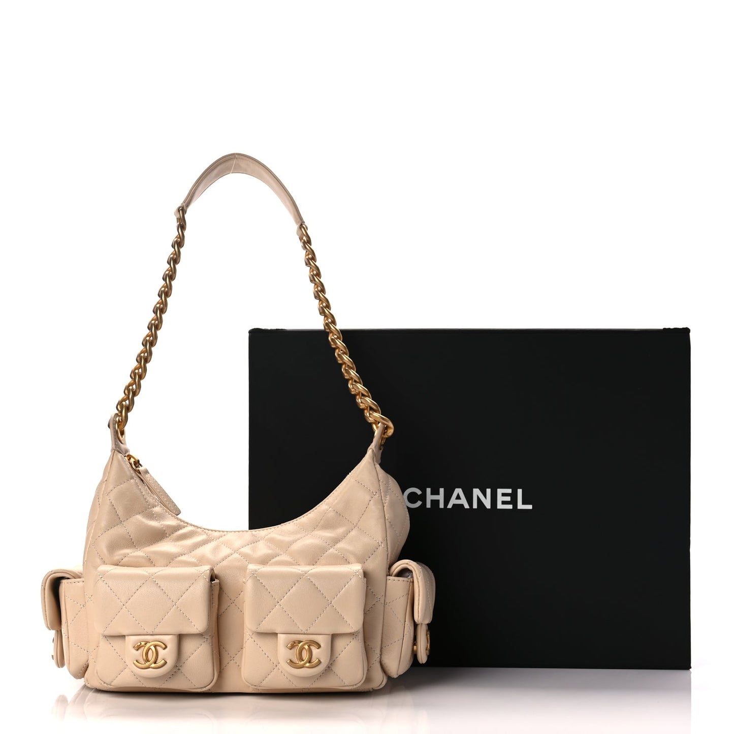 Chanel Shiny Lambskin Quilted Trendy Pockets Hobo Beige