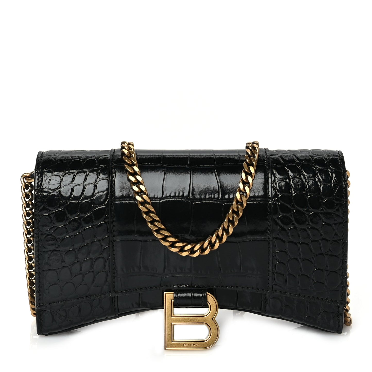 Balenciaga Shiny Calfskin Crocodile Embossed Hourglass Wallet on Chain Black