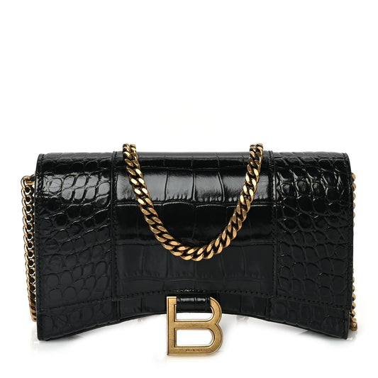 Balenciaga Shiny Calfskin Crocodile Embossed Hourglass Wallet on Chain Black