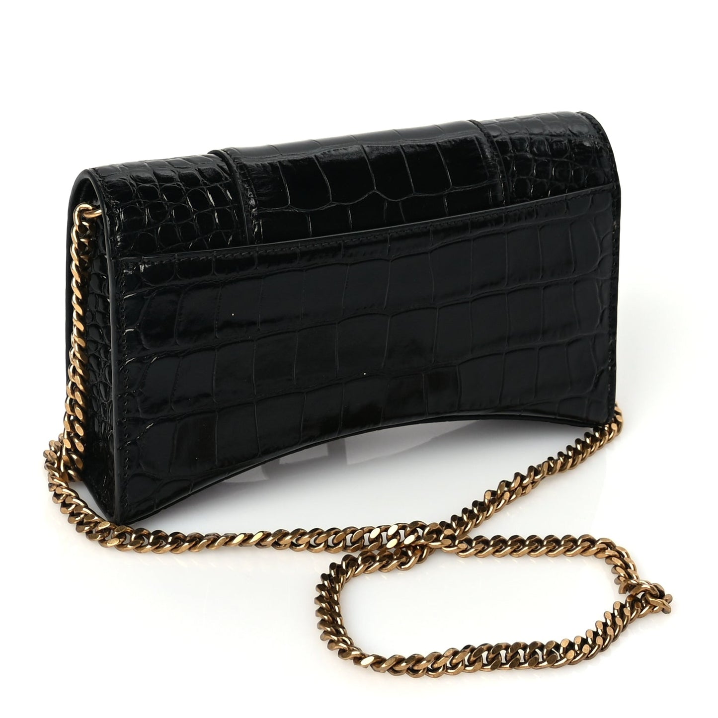 Balenciaga Shiny Calfskin Crocodile Embossed Hourglass Wallet on Chain Black