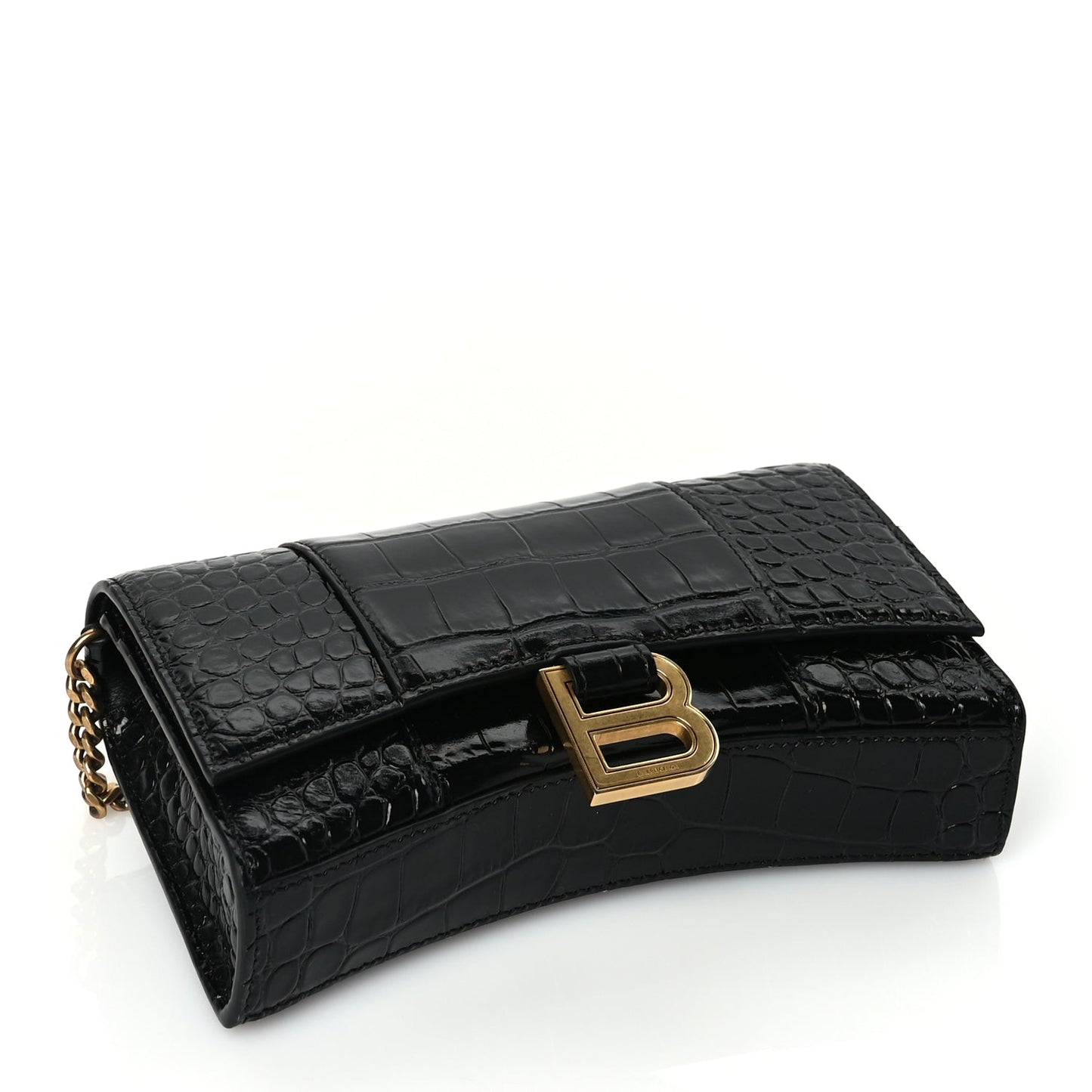 Balenciaga Shiny Calfskin Crocodile Embossed Hourglass Wallet on Chain Black