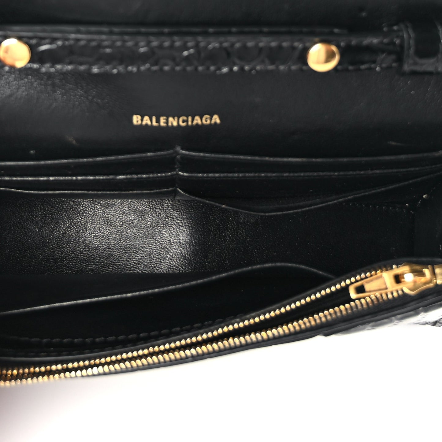 Balenciaga Shiny Calfskin Crocodile Embossed Hourglass Wallet on Chain Black