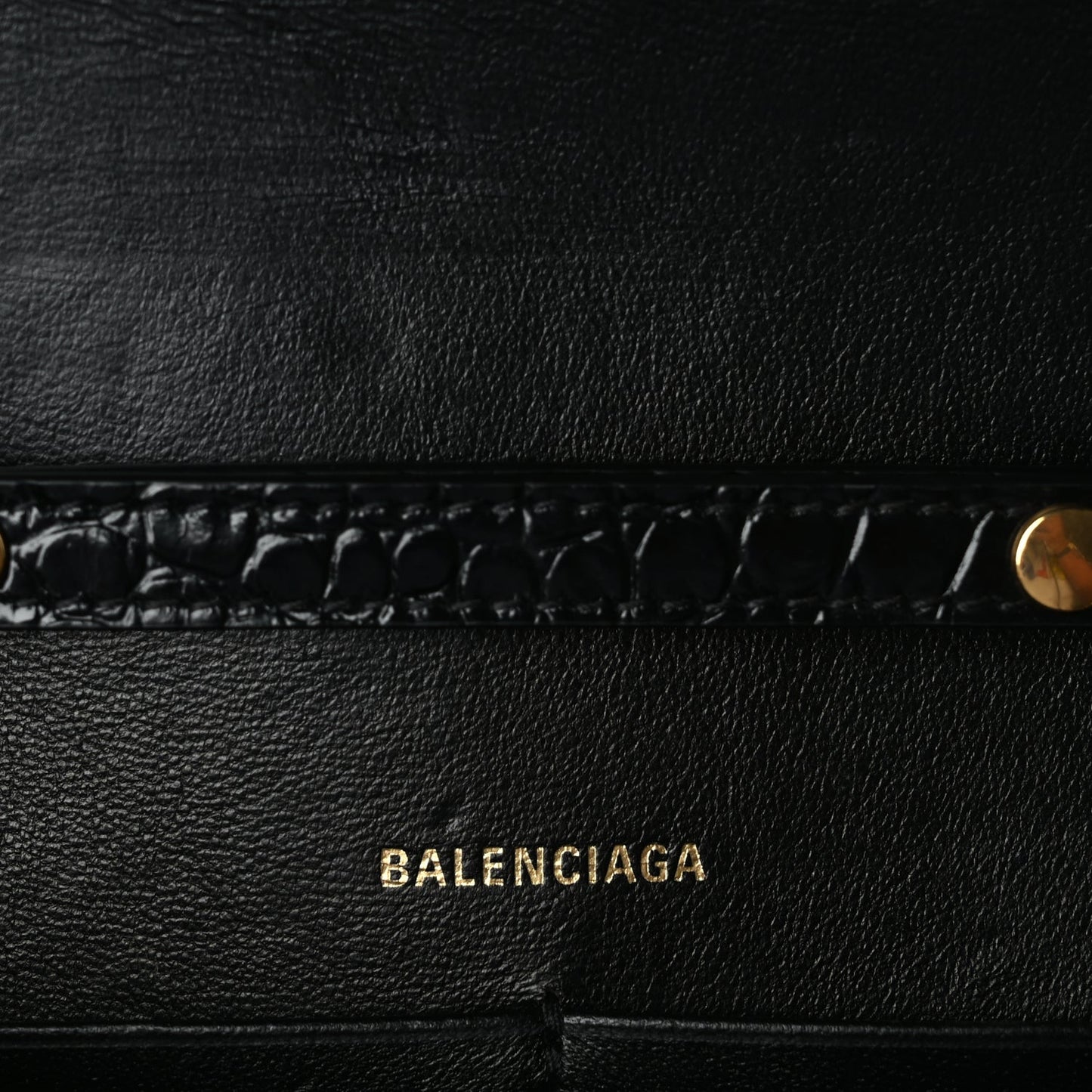 Balenciaga Shiny Calfskin Crocodile Embossed Hourglass Wallet on Chain Black