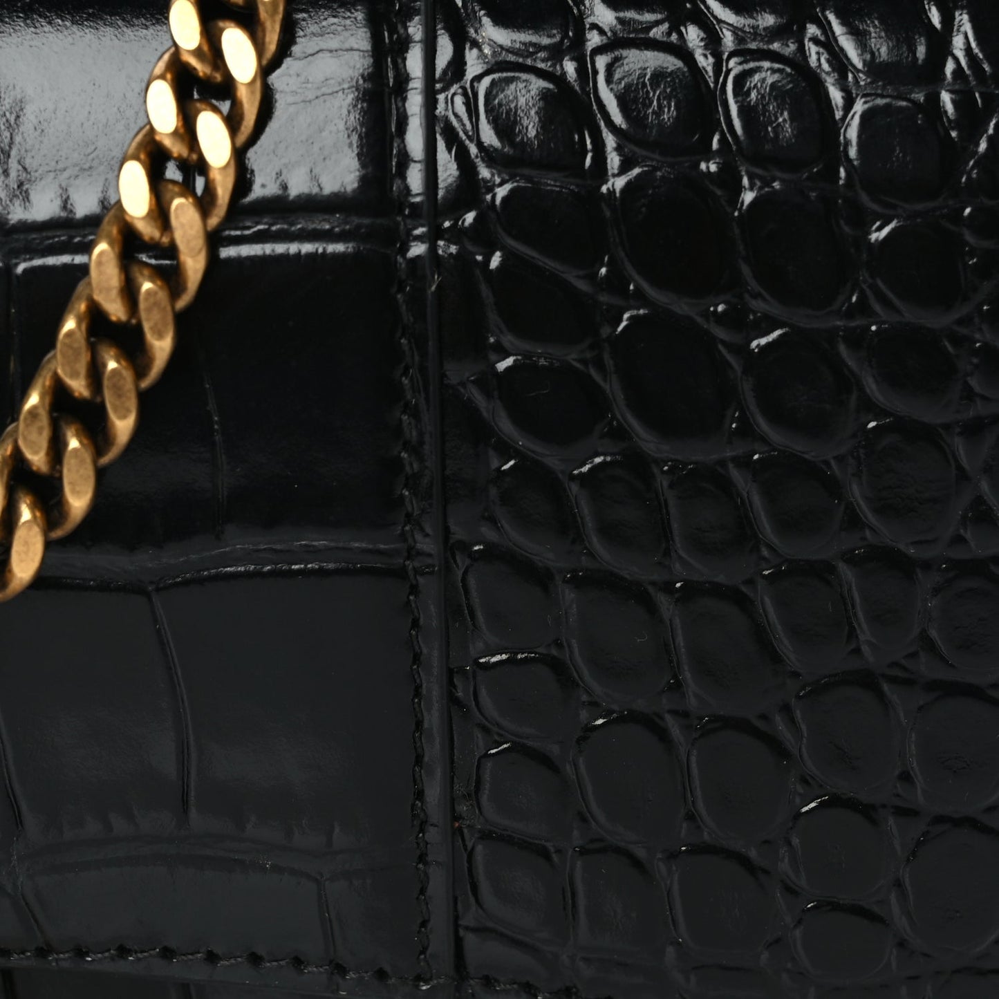 Balenciaga Shiny Calfskin Crocodile Embossed Hourglass Wallet on Chain Black