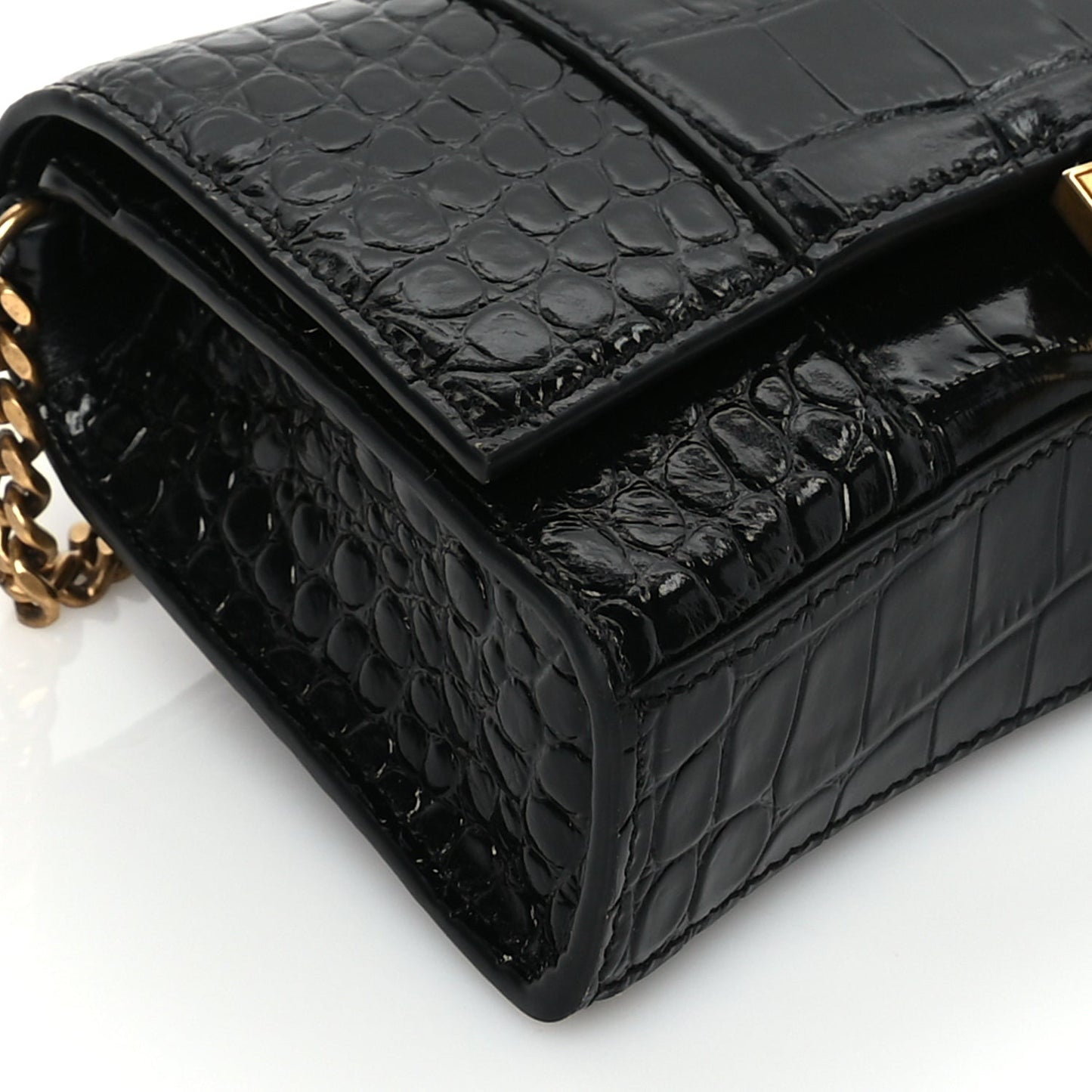 Balenciaga Shiny Calfskin Crocodile Embossed Hourglass Wallet on Chain Black