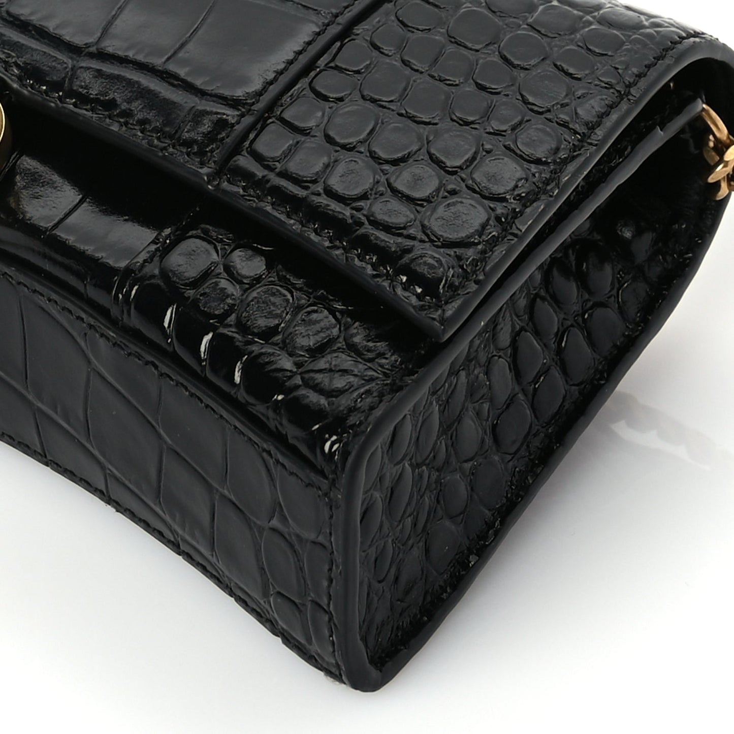 Balenciaga Shiny Calfskin Crocodile Embossed Hourglass Wallet on Chain Black