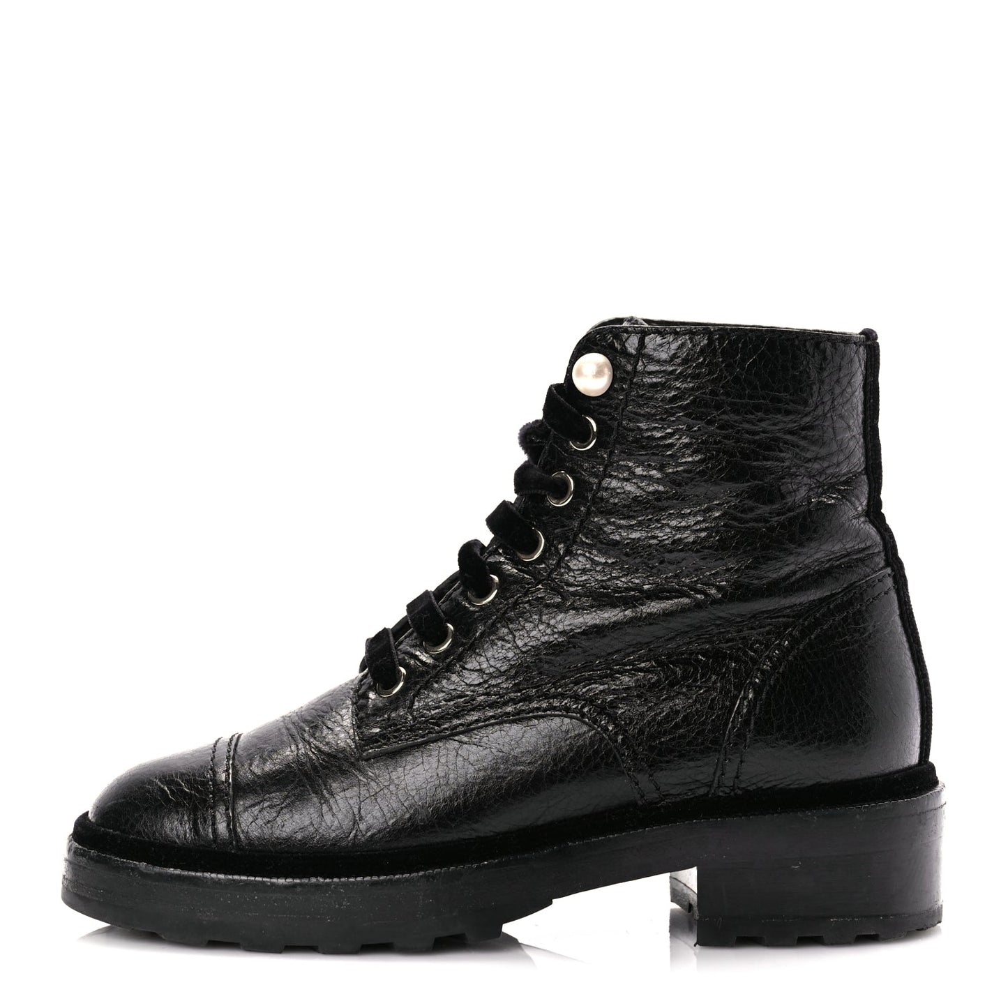 Chanel Shiny Calfskin Velvet Pearl Combat Short Boots  Black