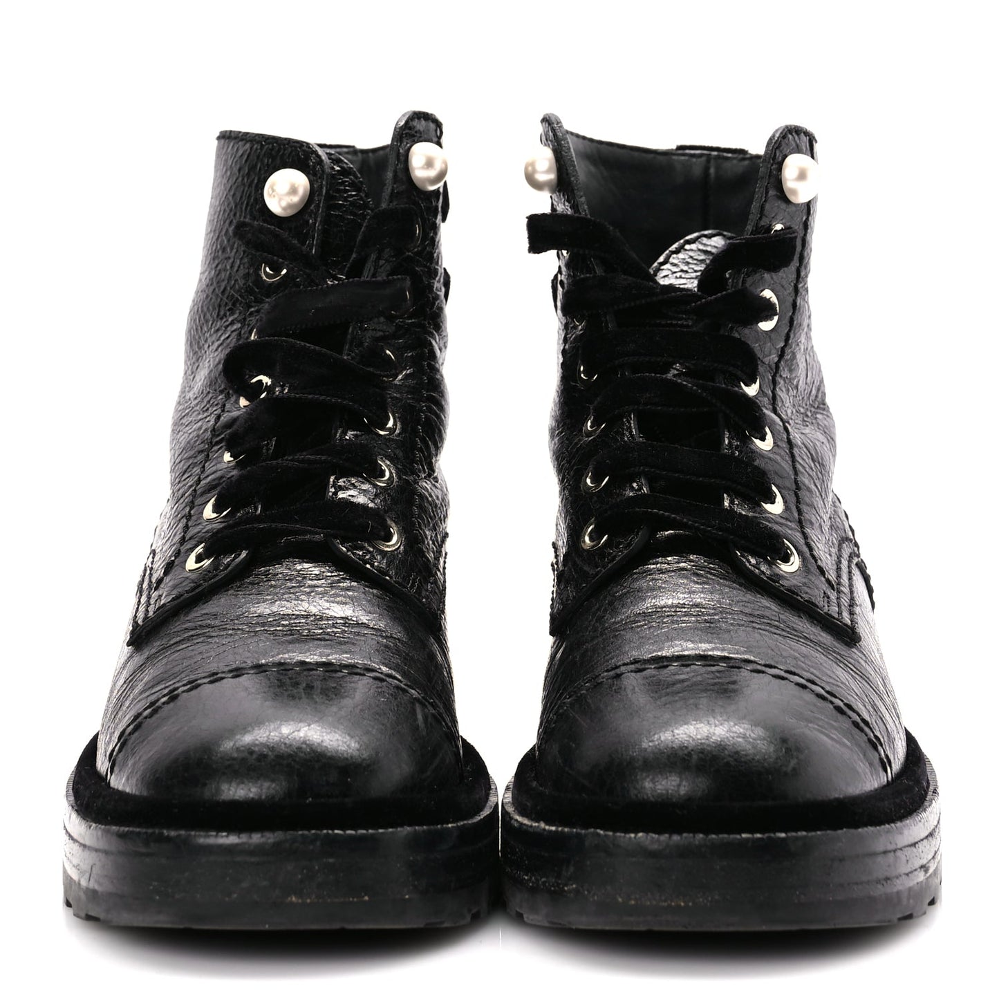 Chanel Shiny Calfskin Velvet Pearl Combat Short Boots  Black