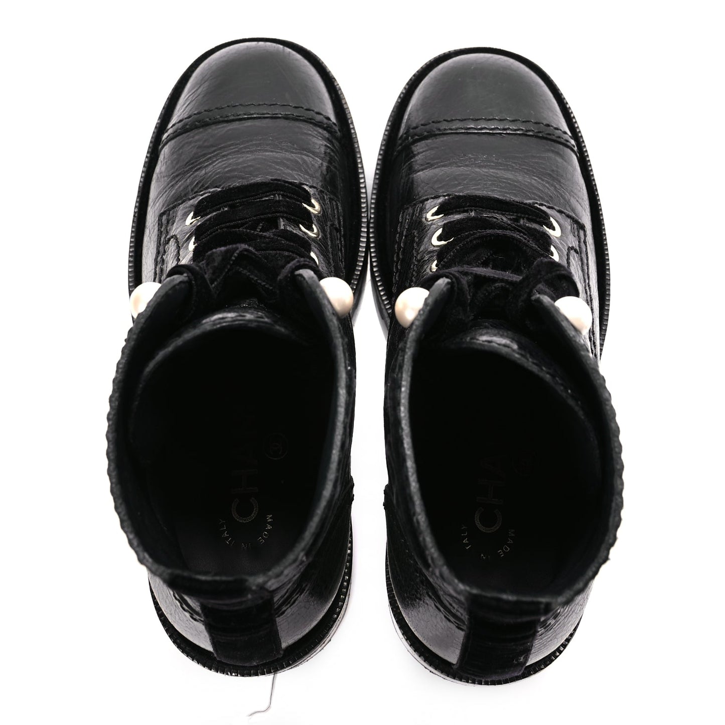Chanel Shiny Calfskin Velvet Pearl Combat Short Boots  Black