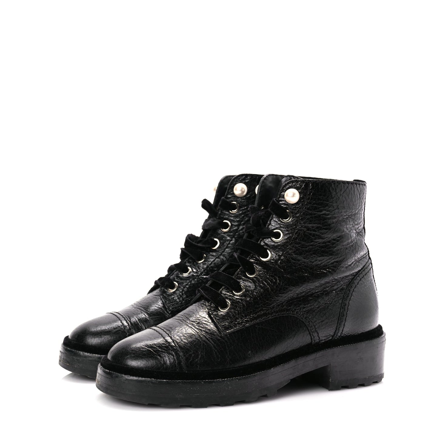 Chanel Shiny Calfskin Velvet Pearl Combat Short Boots  Black