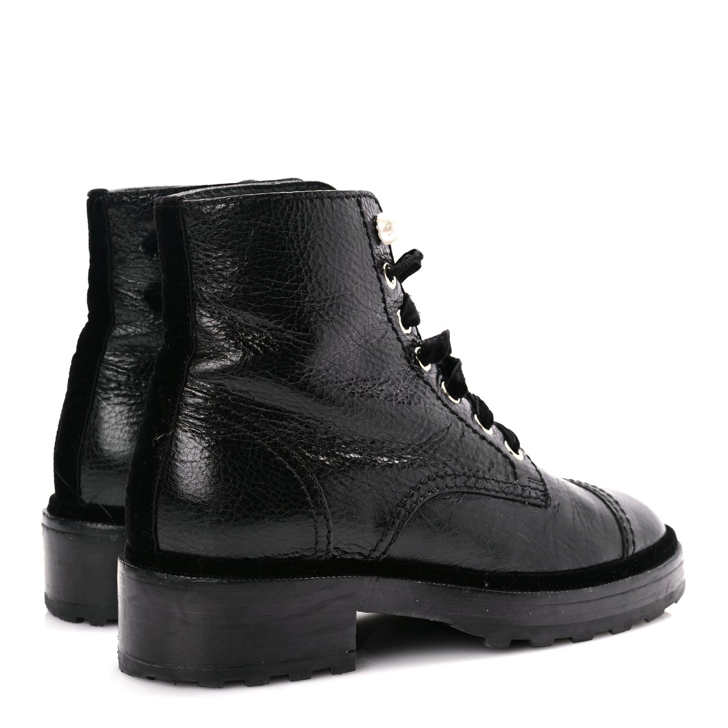 Chanel Shiny Calfskin Velvet Pearl Combat Short Boots  Black