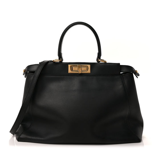 Fendi Vitello Seta Shiny Nappa Medium Peekaboo Iconic Satchel Black