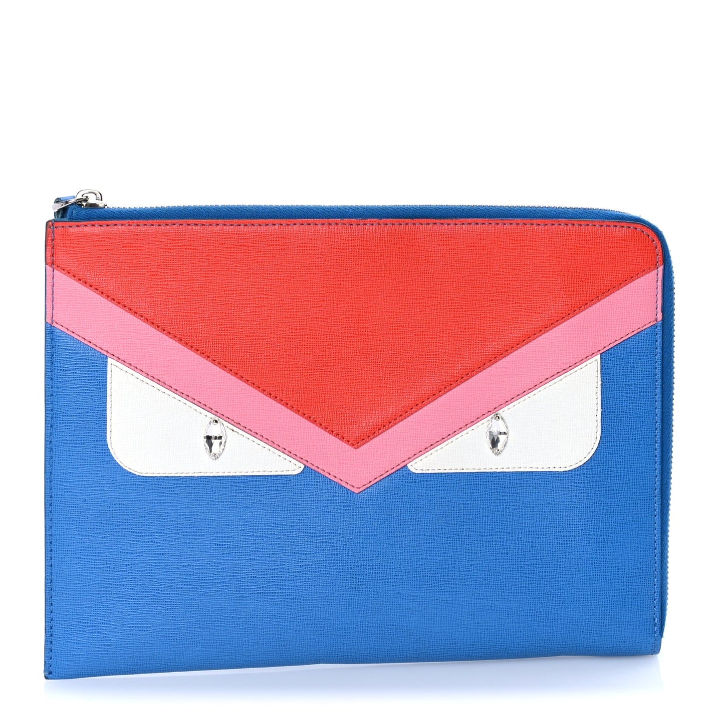 Fendi Vitello Elite Crystal Eye Monster Zip Pouch Royal Blue Papavero Multicolor