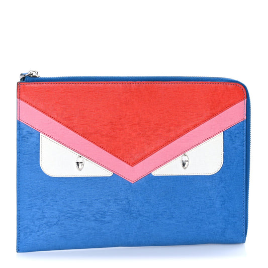 Fendi Vitello Elite Crystal Eye Monster Zip Pouch Royal Blue Papavero Multicolor