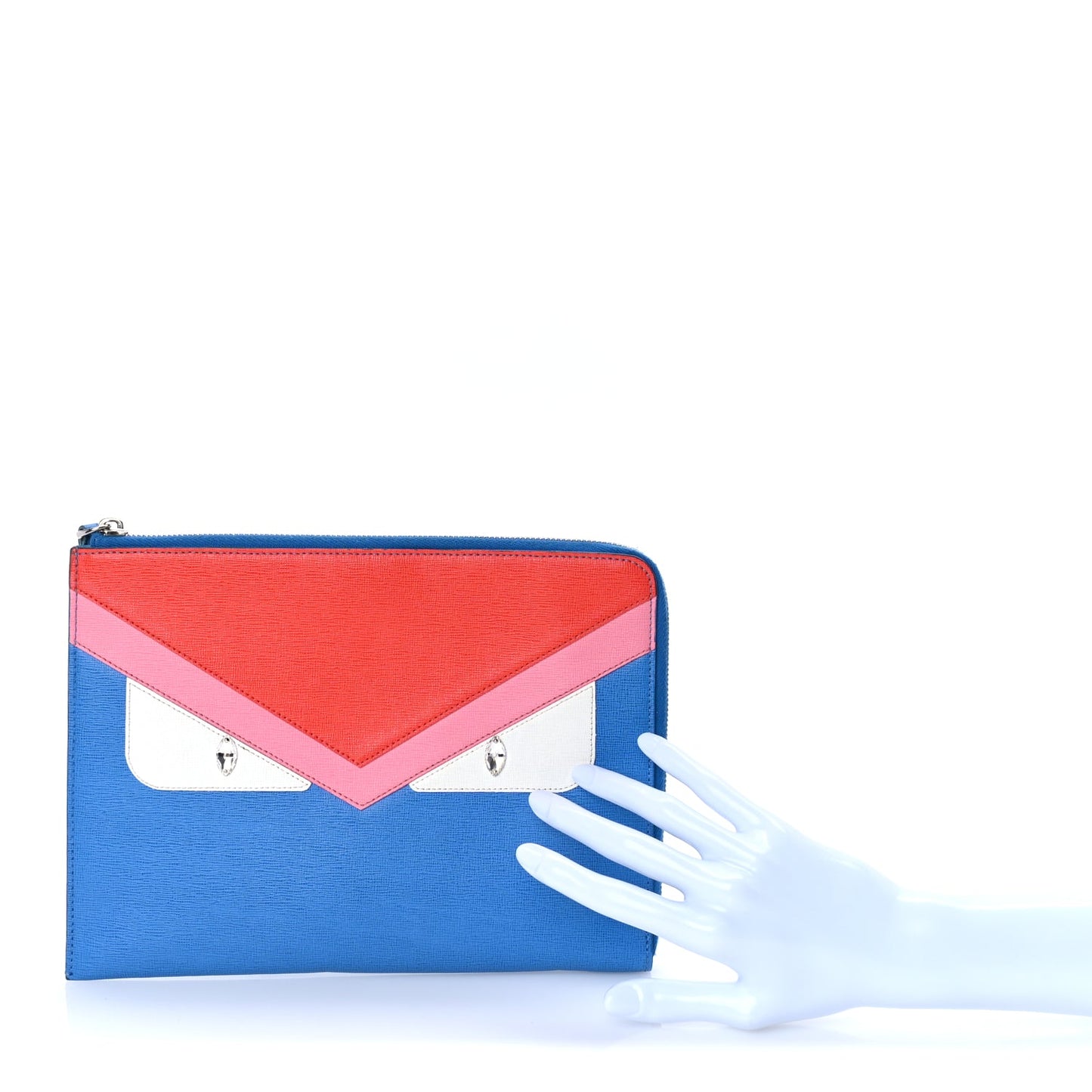 Fendi Vitello Elite Crystal Eye Monster Zip Pouch Royal Blue Papavero Multicolor