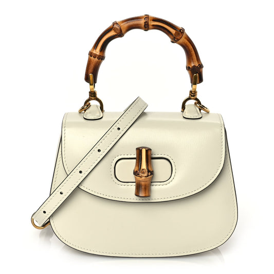 Gucci Boarded Dyana Lux Calfskin Web Mini Bamboo 1947 Top Handle Bag Mystic White