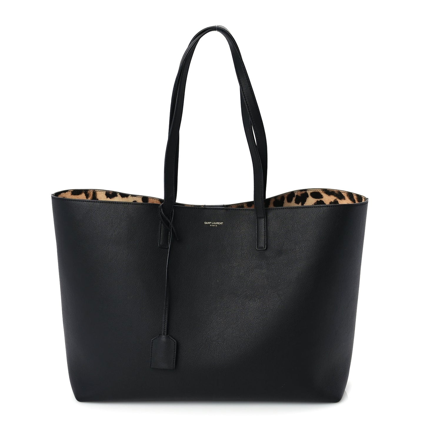 Saint Laurent Calfskin Large Leopard Print Shopping Tote Black