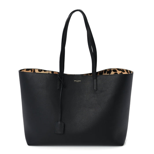 Saint Laurent Calfskin Large Leopard Print Shopping Tote Black