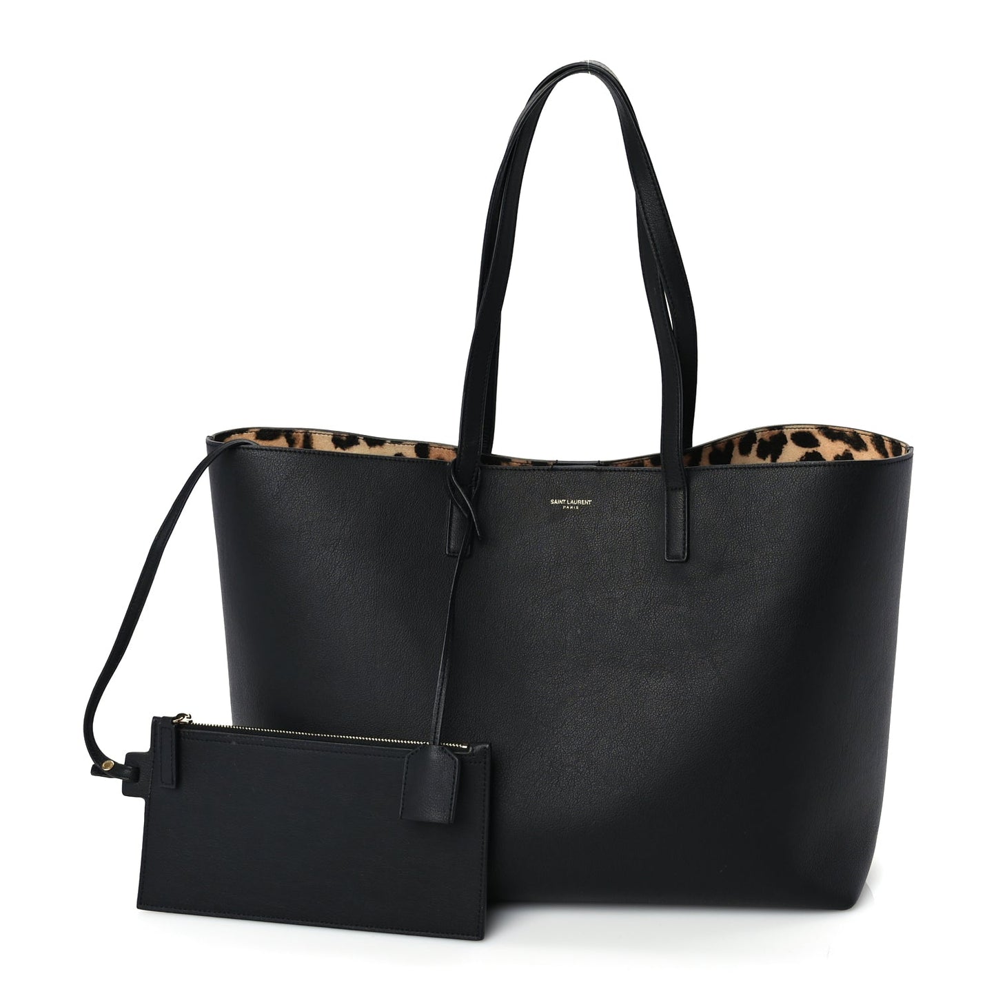 Saint Laurent Calfskin Large Leopard Print Shopping Tote Black