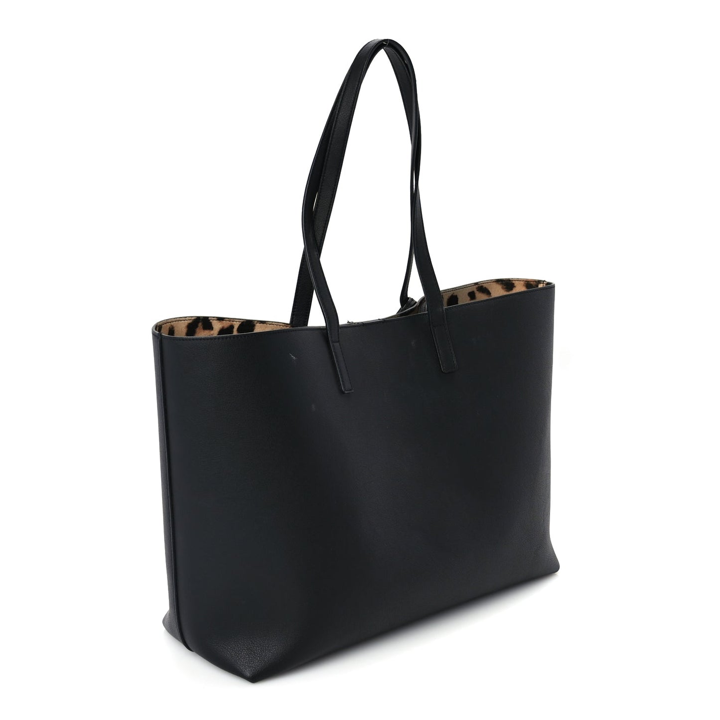 Saint Laurent Calfskin Large Leopard Print Shopping Tote Black