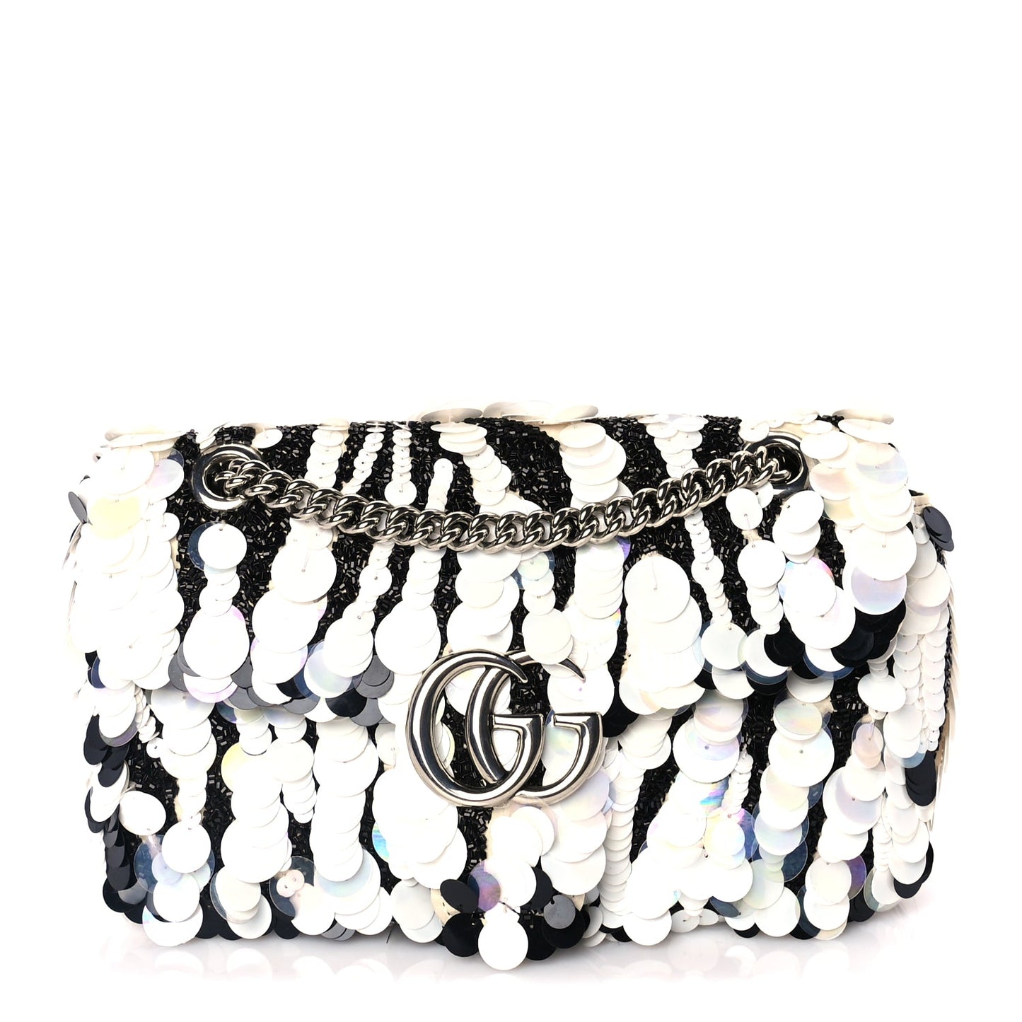 Gucci Satin Sequin Beaded Zebra Small GG Marmont Shoulder Bag  Black White
