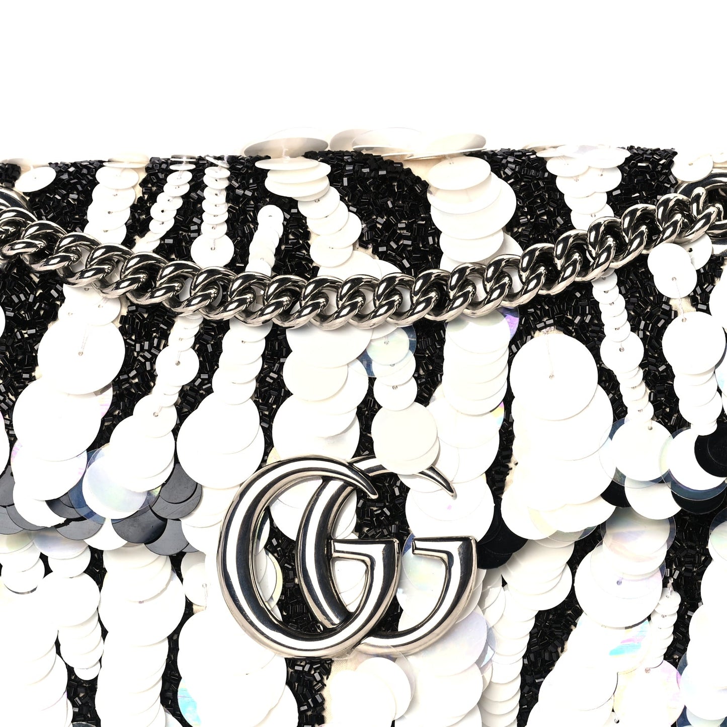 Gucci Satin Sequin Beaded Zebra Small GG Marmont Shoulder Bag  Black White