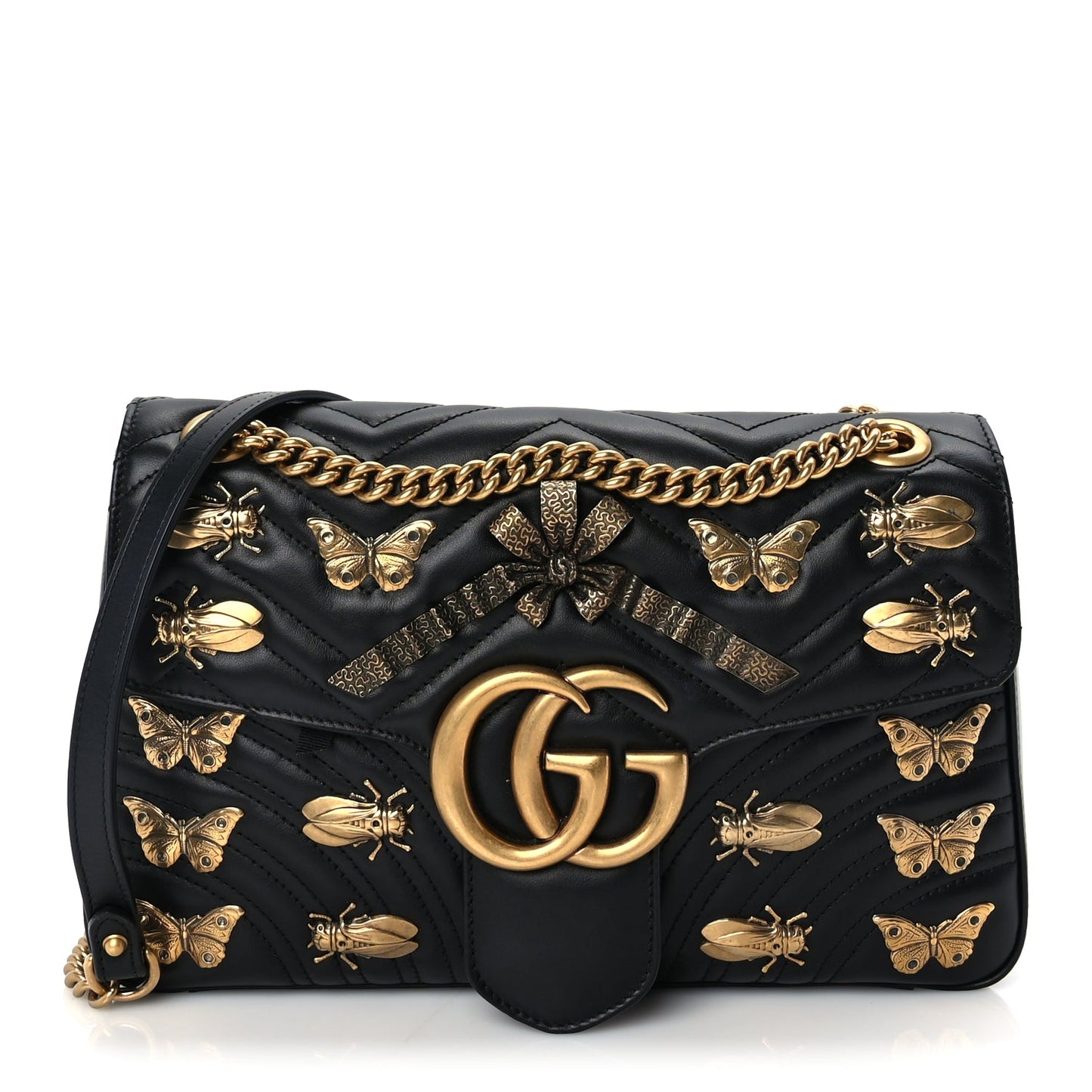 Gucci Calfskin Matelasse Animal Studs Medium GG Marmont Shoulder Bag  Black