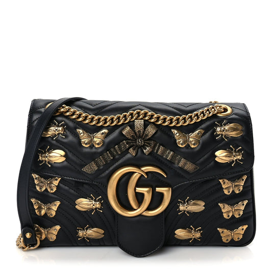 Gucci Calfskin Matelasse Animal Studs Medium GG Marmont Shoulder Bag  Black
