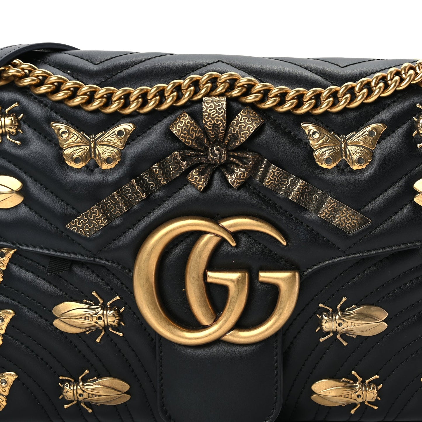 Gucci Calfskin Matelasse Animal Studs Medium GG Marmont Shoulder Bag  Black