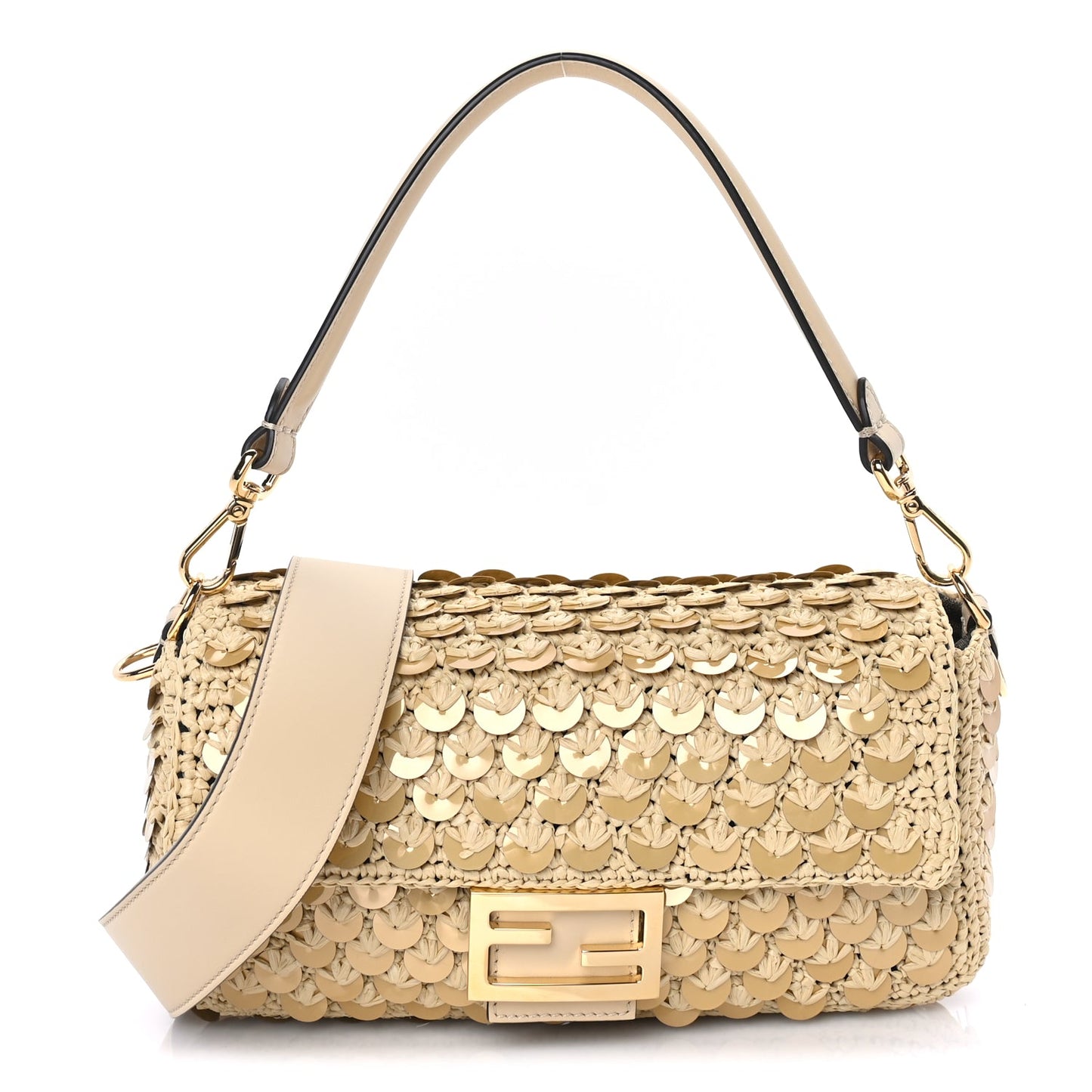 Fendi Sequin Macrame Baguette Beige Gold