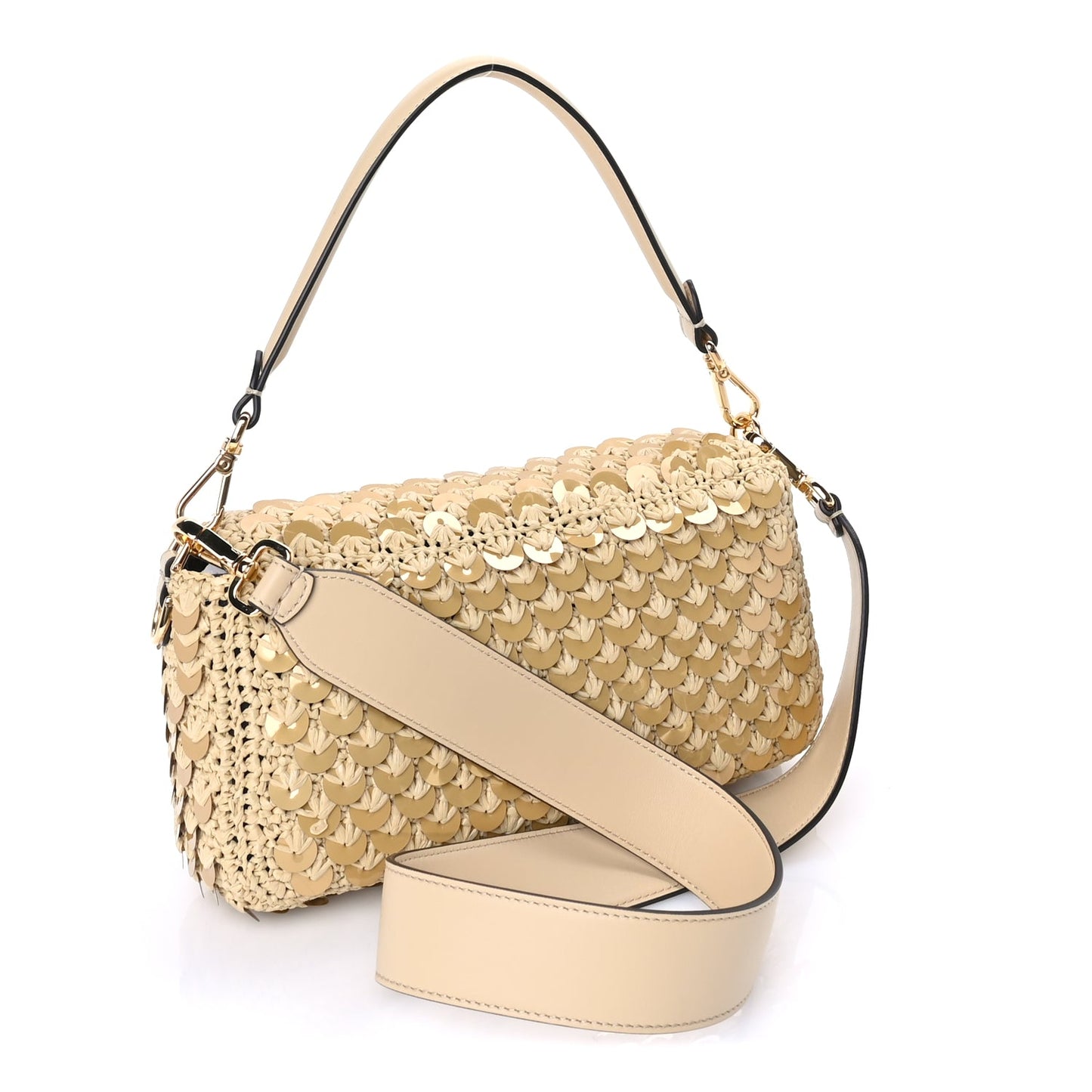 Fendi Sequin Macrame Baguette Beige Gold