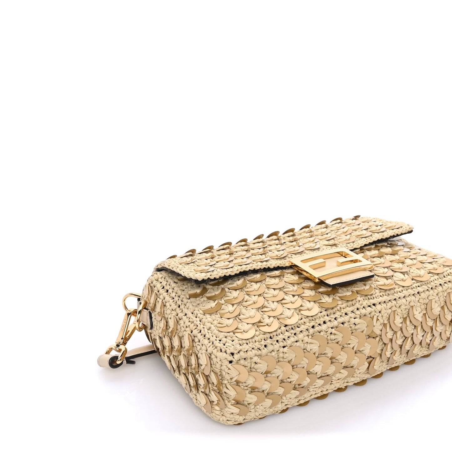 Fendi Sequin Macrame Baguette Beige Gold