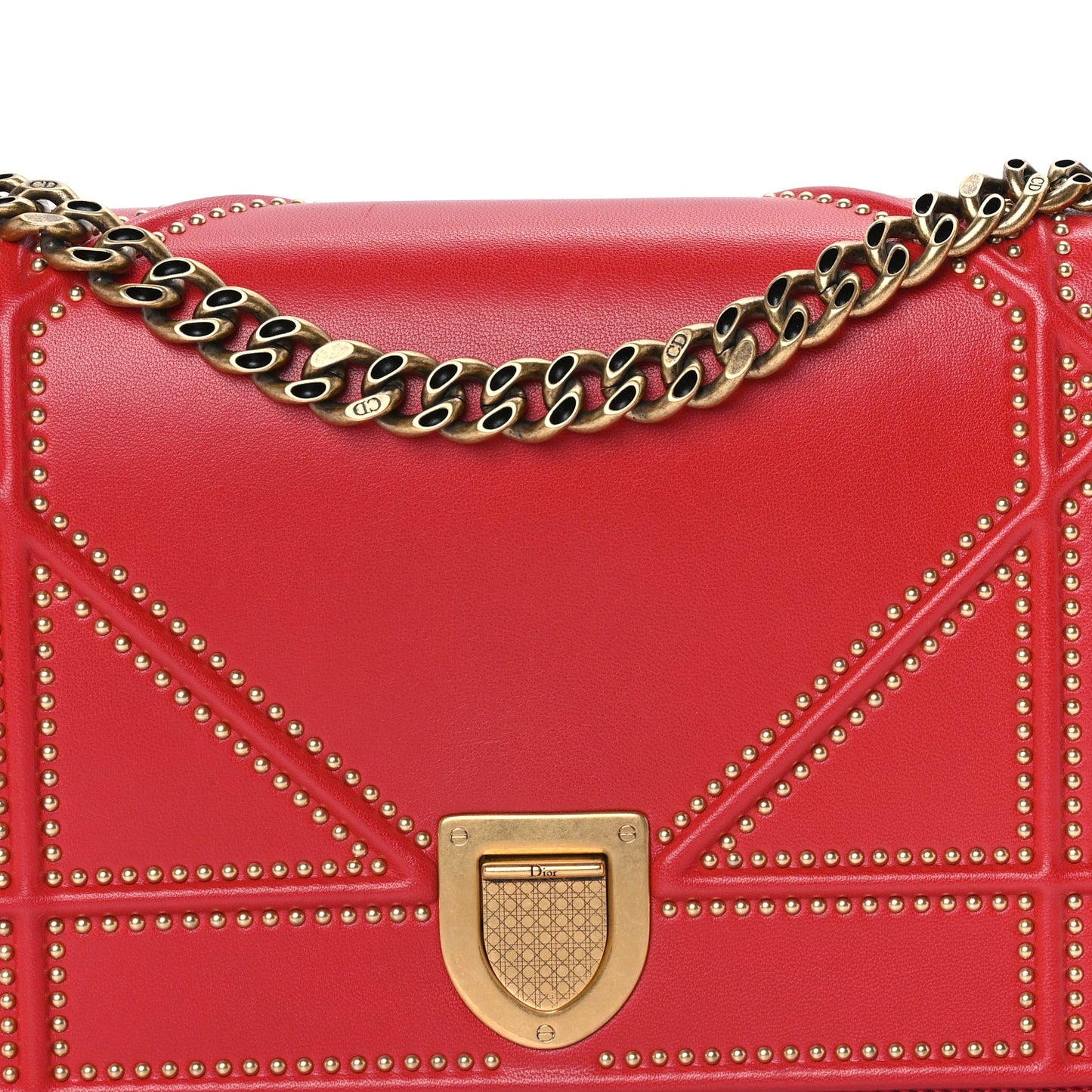 Christian Dior Calfskin Studded Medium Diorama Flap Bag Red Red
