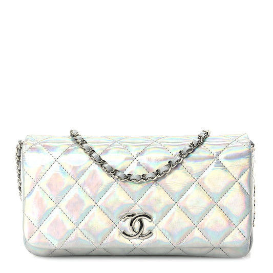Chanel Iridescent Mirror Goatskin Quilted Clutch With Chain  Silver