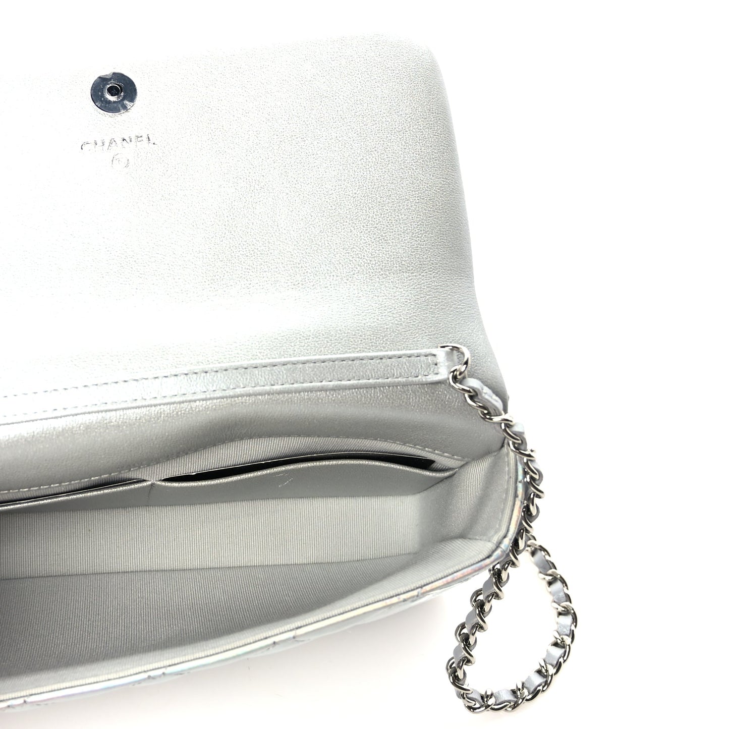 Chanel Iridescent Mirror Goatskin Quilted Clutch With Chain  Silver