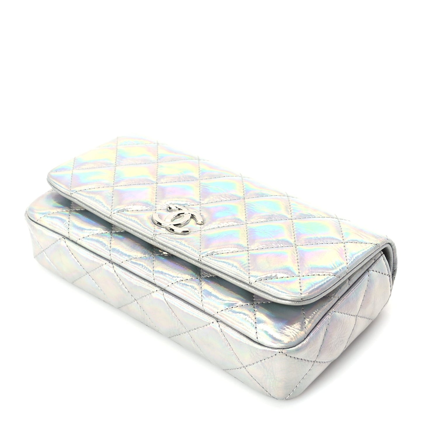 Chanel Iridescent Mirror Goatskin Quilted Clutch With Chain  Silver