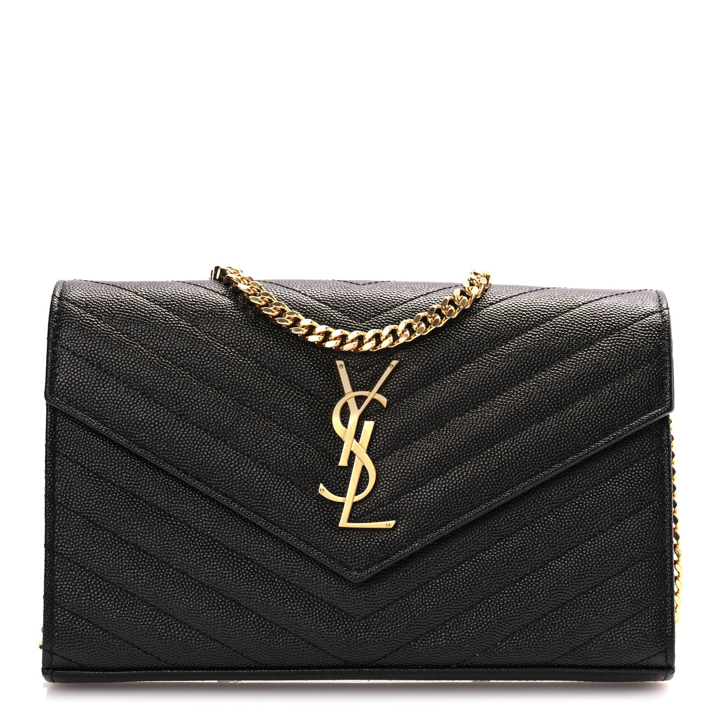 Saint Laurent Grain De Poudre Matelasse Chevron Monogram Chain Wallet Black