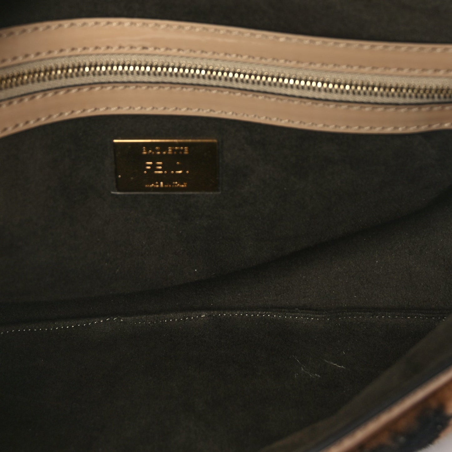 Fendi Shearling Vitello Vernice Mou Pequin Striped Baguette  Tobacco Black Tortora
