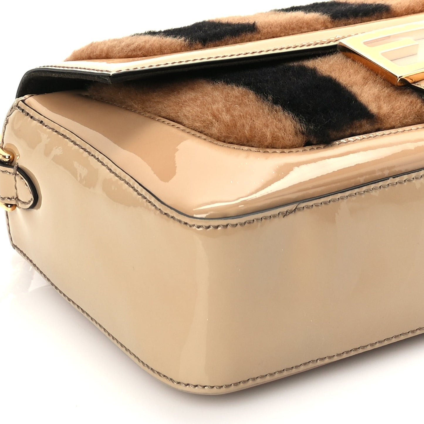 Fendi Shearling Vitello Vernice Mou Pequin Striped Baguette  Tobacco Black Tortora