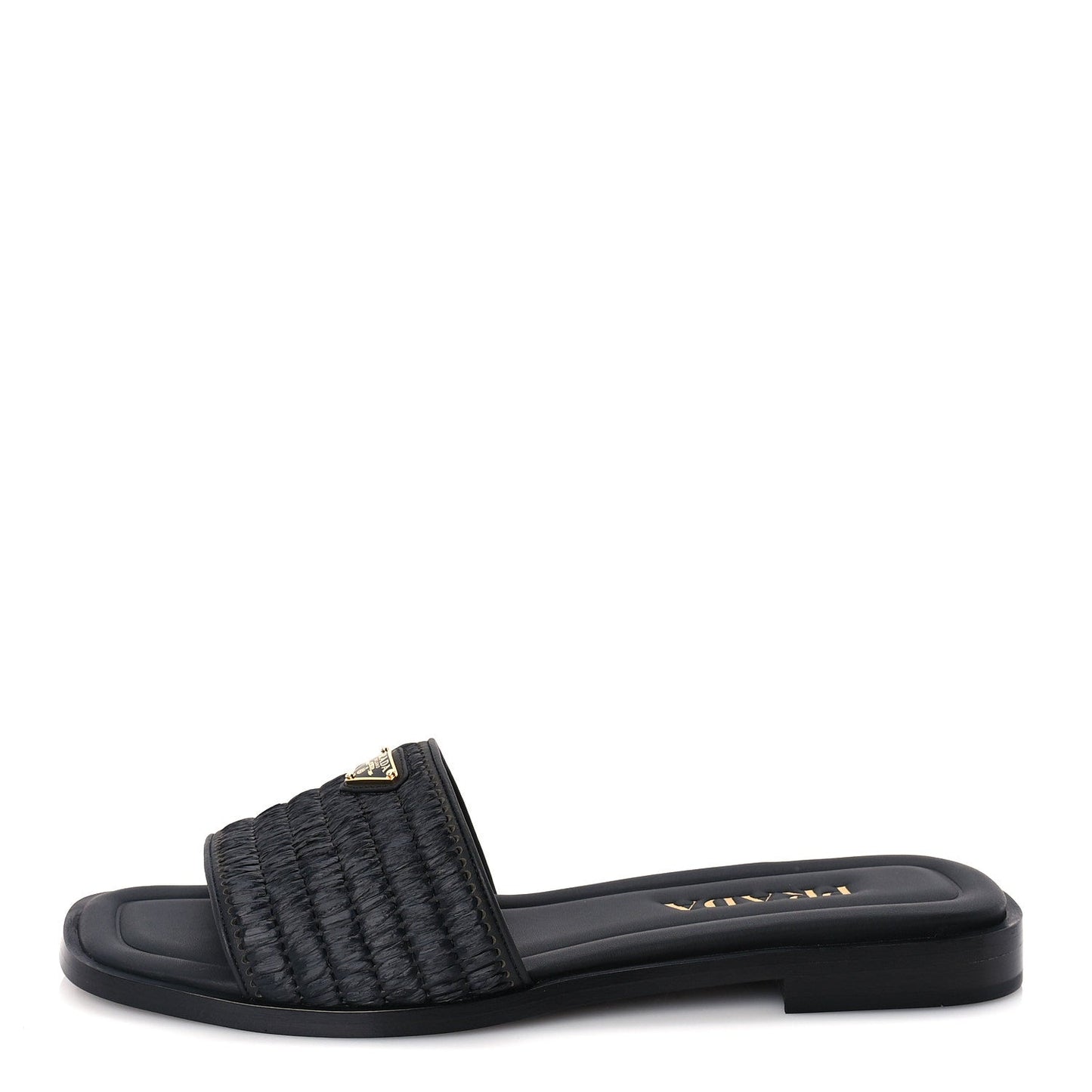 Prada Raffia Metal Triangle Logo 10mm Slide Sandals 39  Black