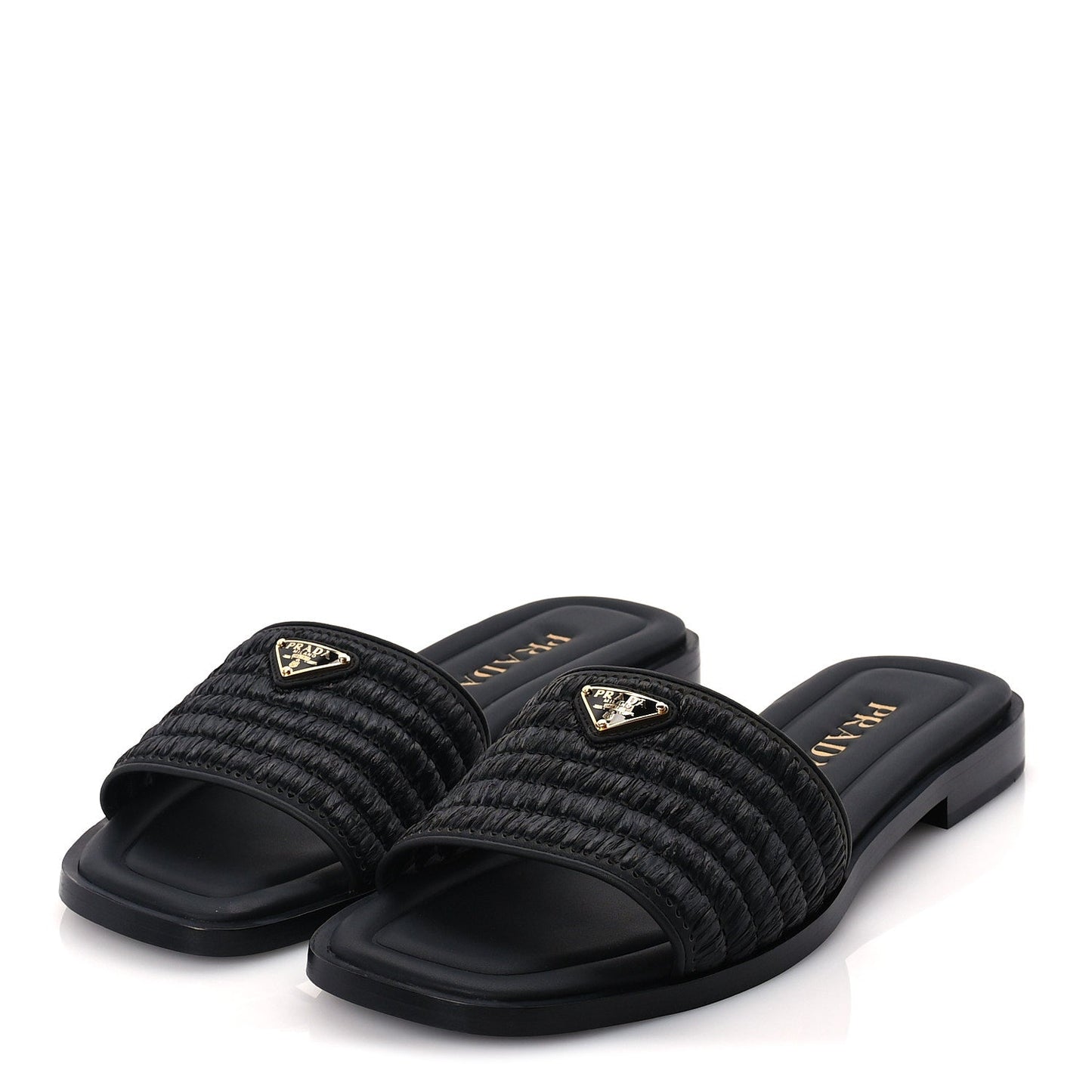 Prada Raffia Metal Triangle Logo 10mm Slide Sandals 39  Black