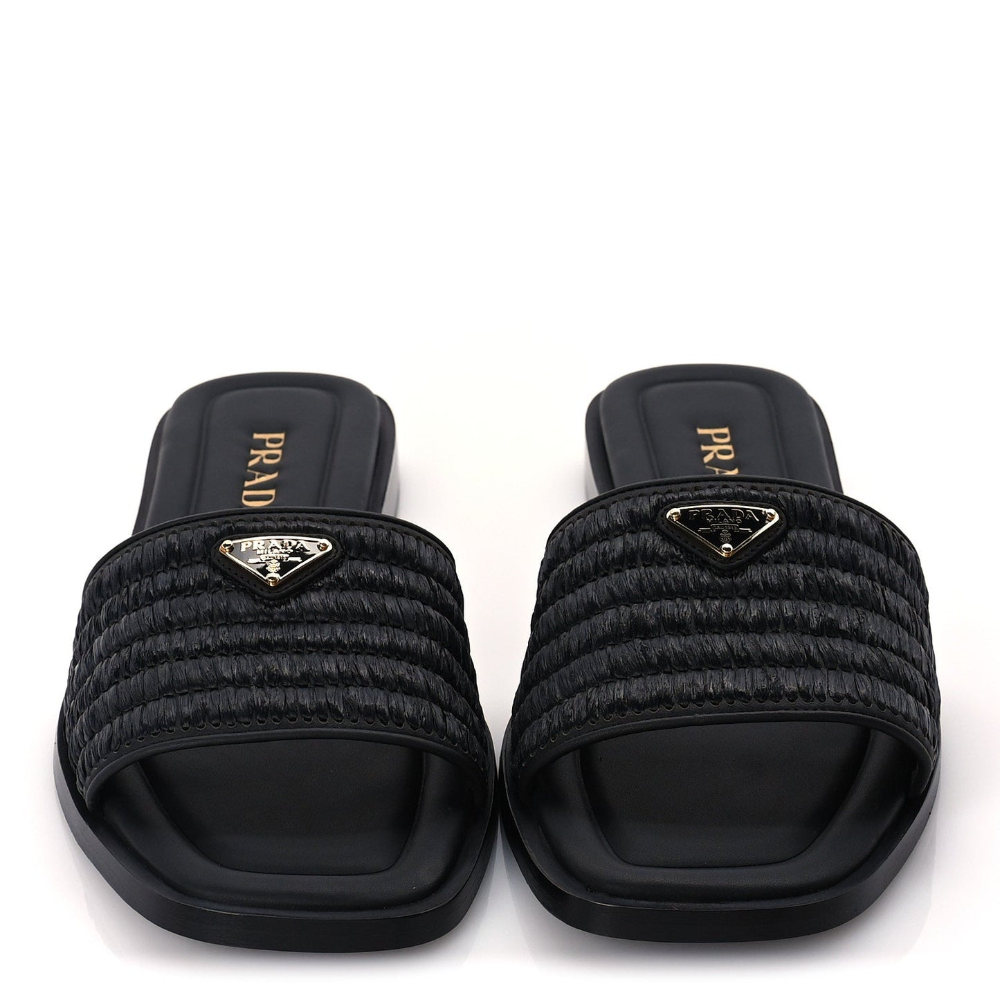 Prada Raffia Metal Triangle Logo 10mm Slide Sandals 39  Black
