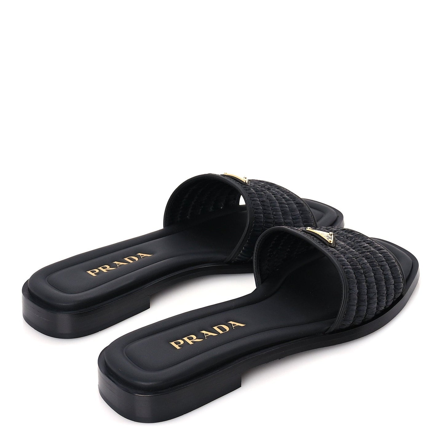 Prada Raffia Metal Triangle Logo 10mm Slide Sandals 39  Black