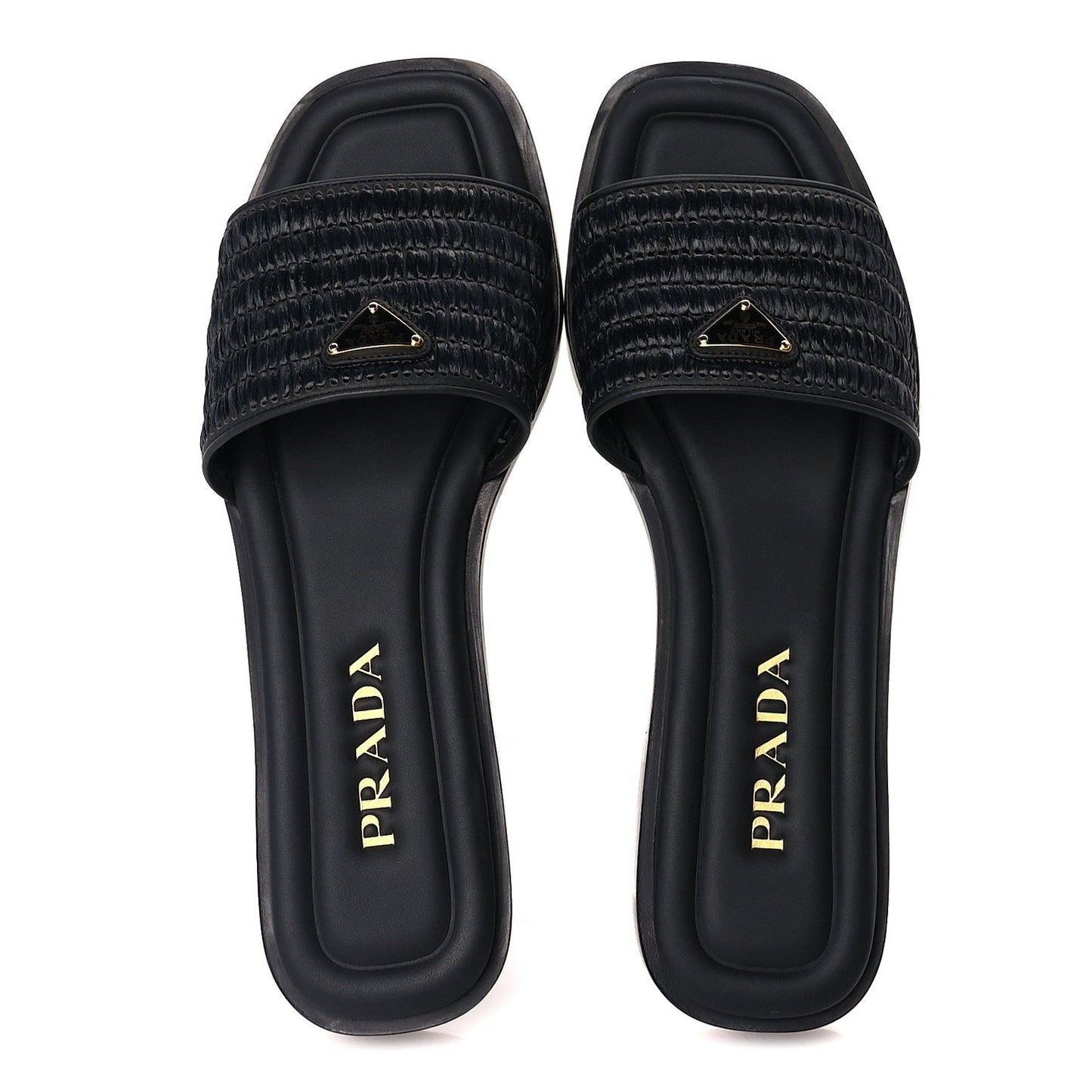 Prada Raffia Metal Triangle Logo 10mm Slide Sandals 39  Black