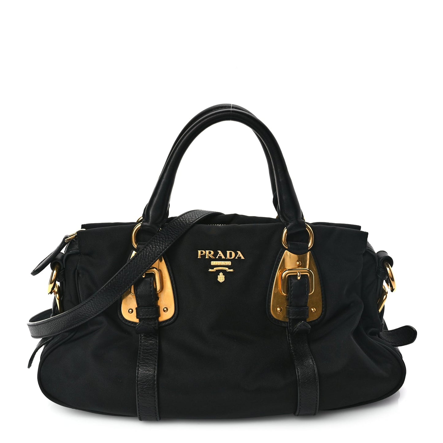 Prada Tessuto Nylon Soft Calfskin Shopping Satchel Black