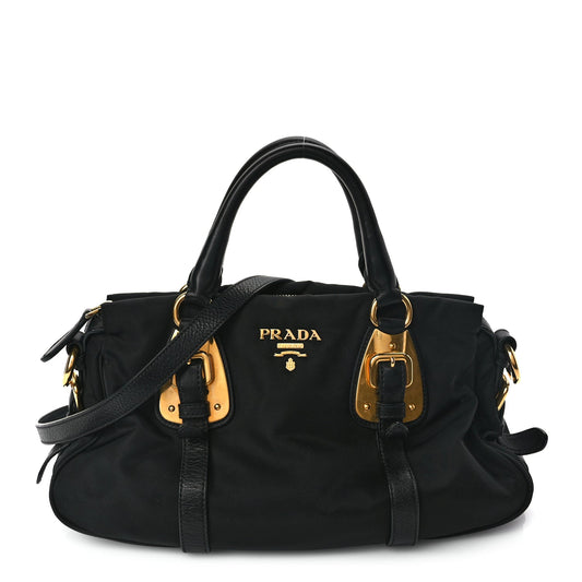 Prada Tessuto Nylon Soft Calfskin Shopping Satchel Black