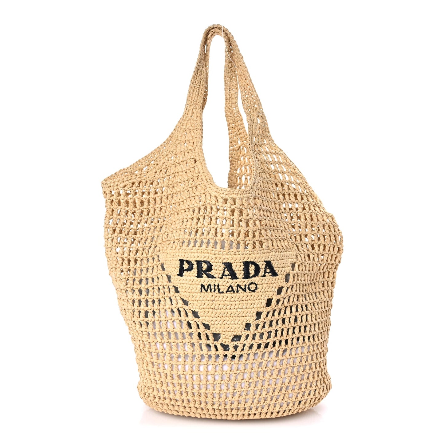 Prada Yarn Raffia Effect Crochet Logo Embroidered Shopping Tote Bag Naturale