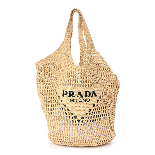 Prada Yarn Raffia Effect Crochet Logo Embroidered Shopping Tote Bag Naturale