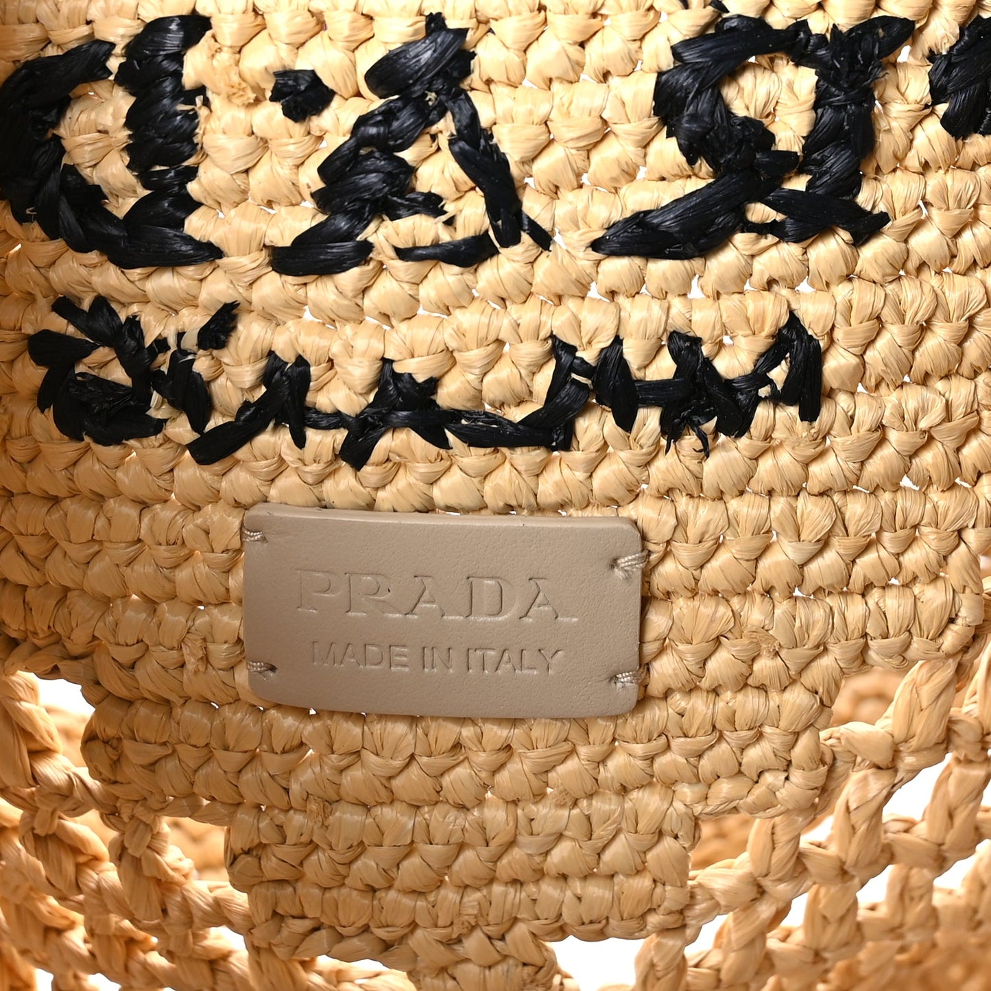 Prada Yarn Raffia Effect Crochet Logo Embroidered Shopping Tote Bag Naturale