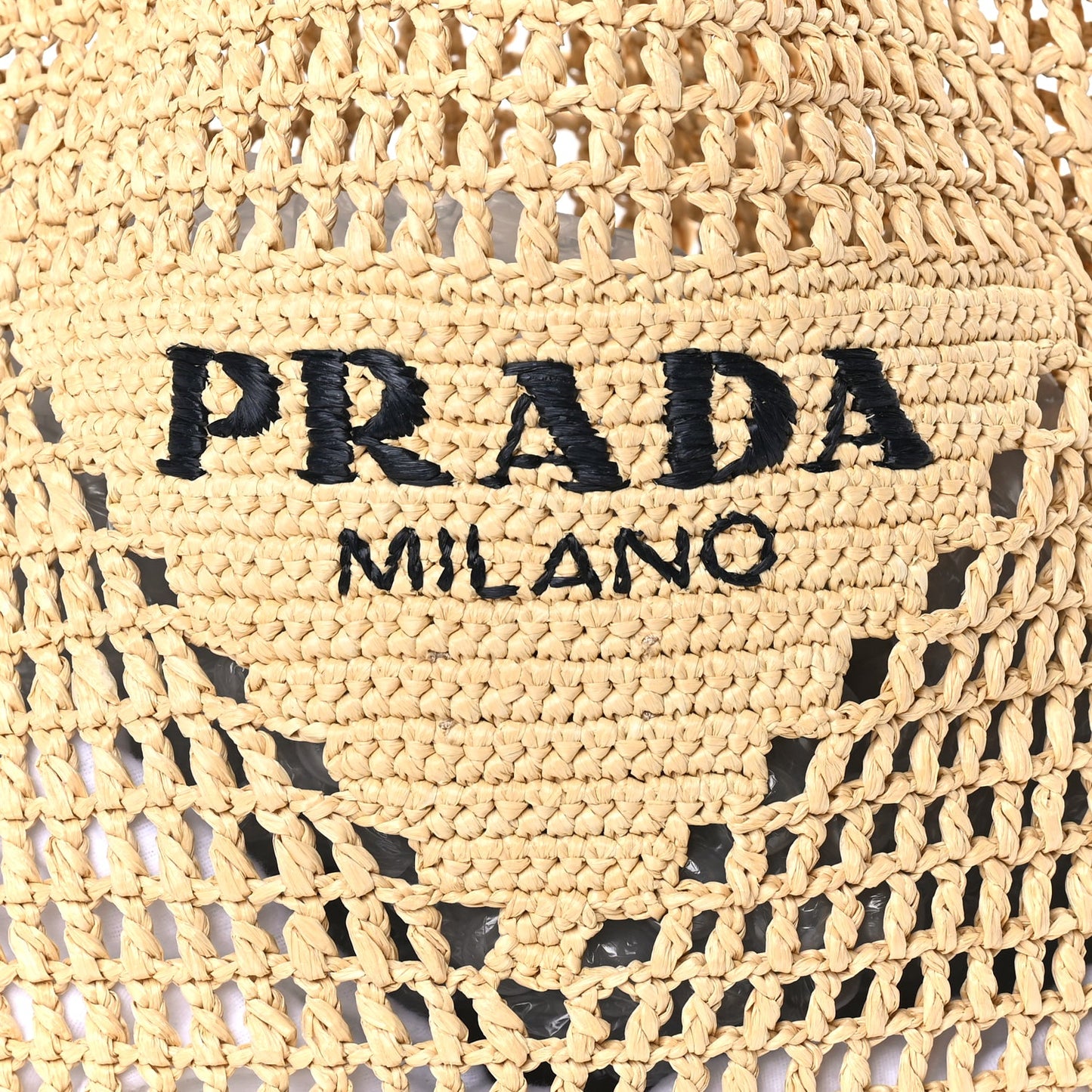 Prada Yarn Raffia Effect Crochet Logo Embroidered Shopping Tote Bag Naturale